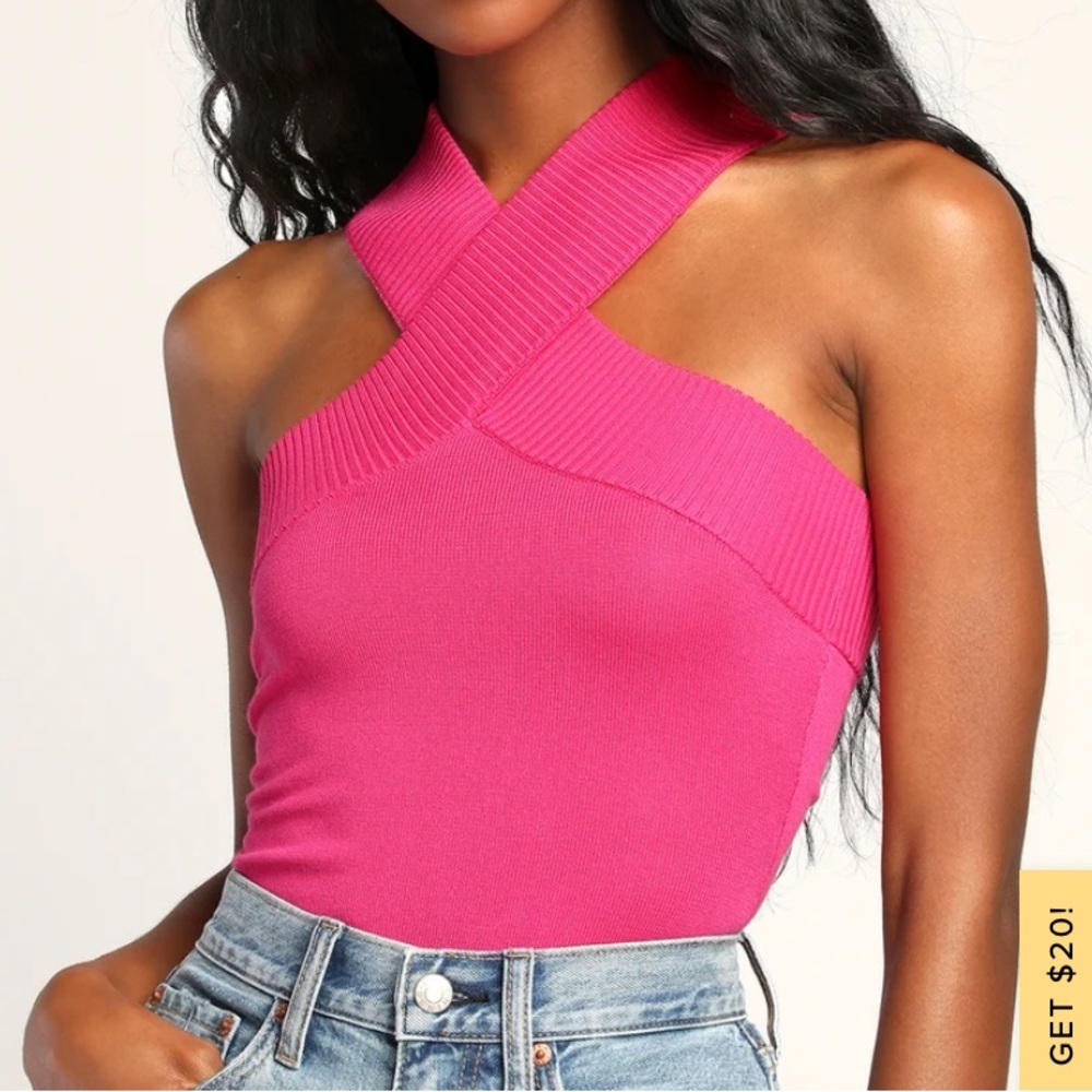 NWT Lulu’s Don't Cross Me Hot Pink Sweater Knit Sleeveless Bodysuit